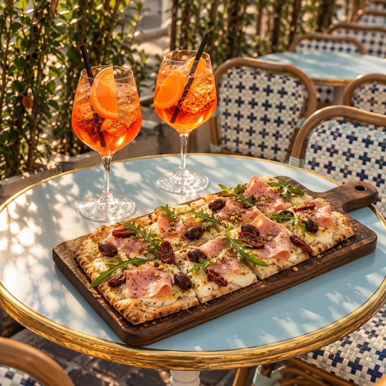 Deux spritz et une pinsa en terrasse, à l'heure de l'aperitivo