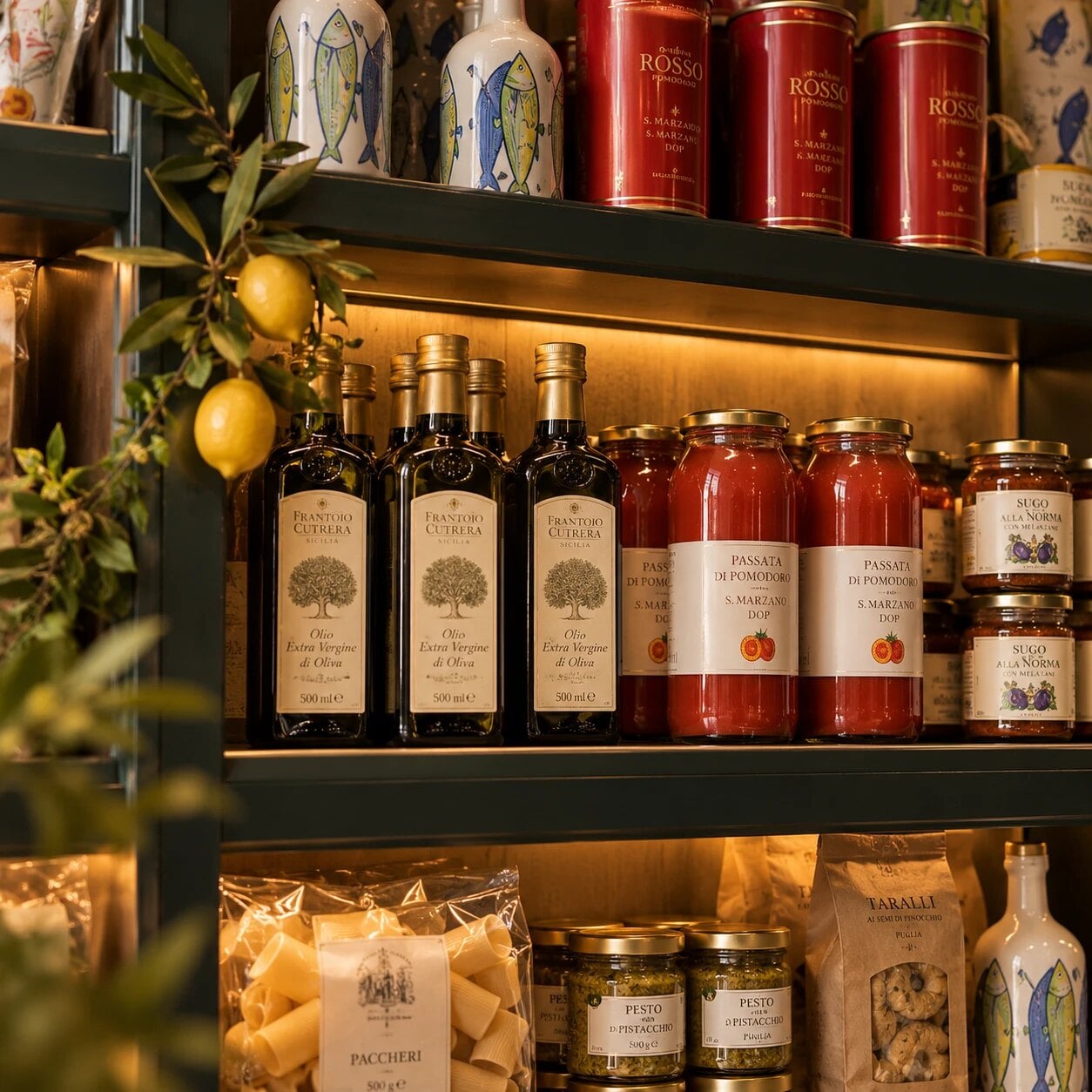 Huiles d’olive siciliennes, passata et pestos sur les étagères de la bottega
