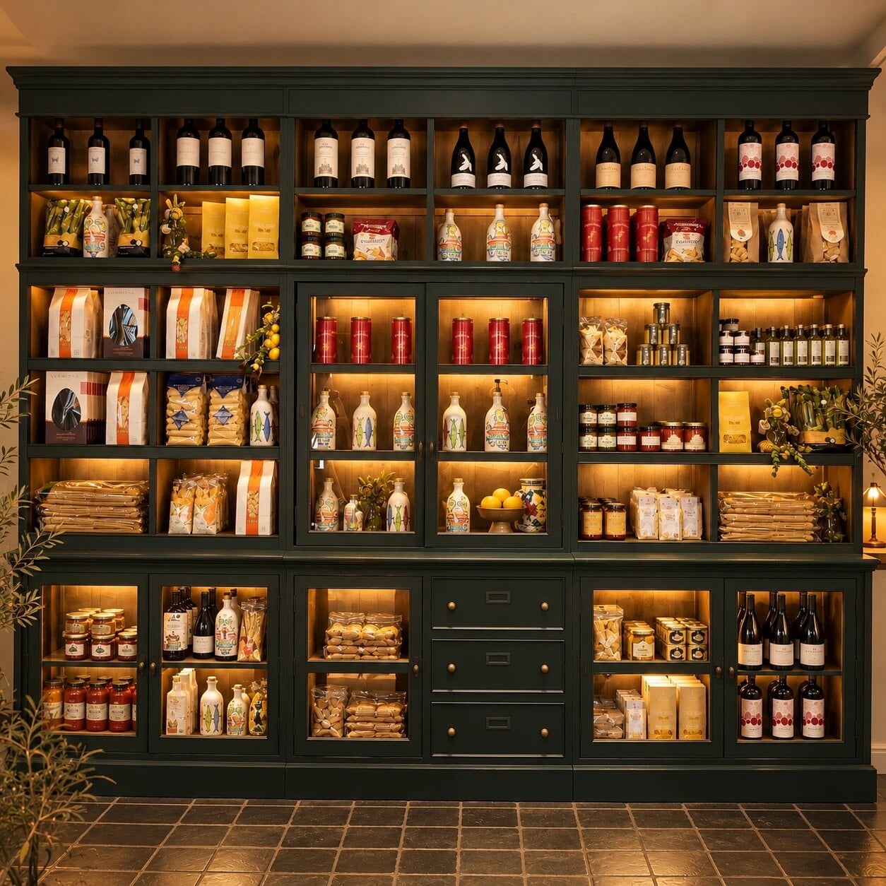 Le mur de l’épicerie fine : pâtes artisanales, huiles d’olive, conserves et vins italiens