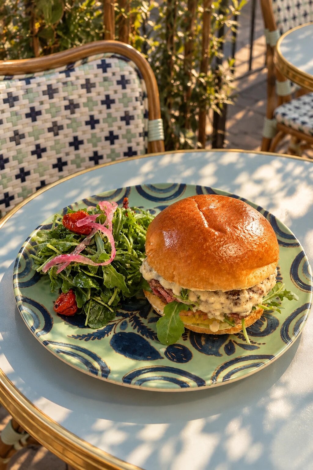 Burger maison et salade de roquette, servis en terrasse