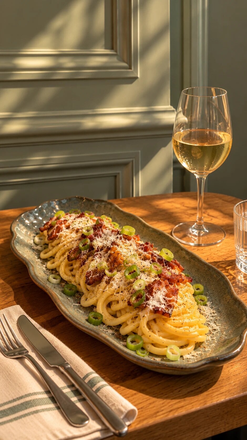 Carbonara servie sur un plat en céramique, verre de vin blanc