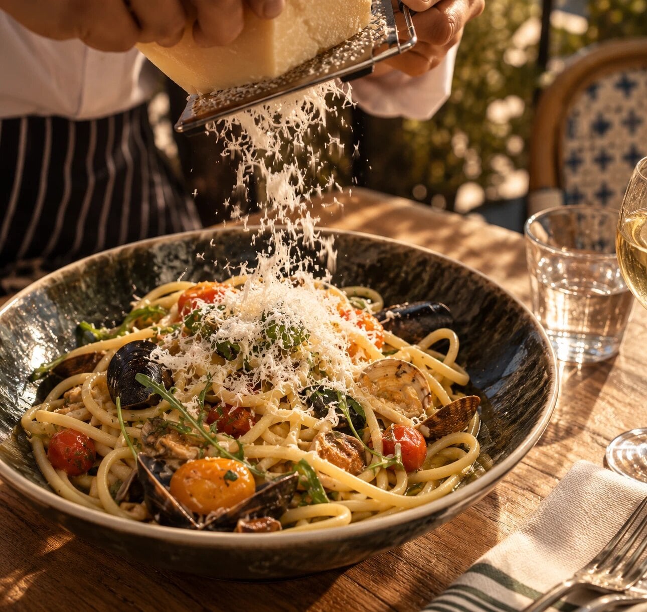 Parmesan râpé minute sur des spaghetti aux coquillages, en terrasse chez Giorgio