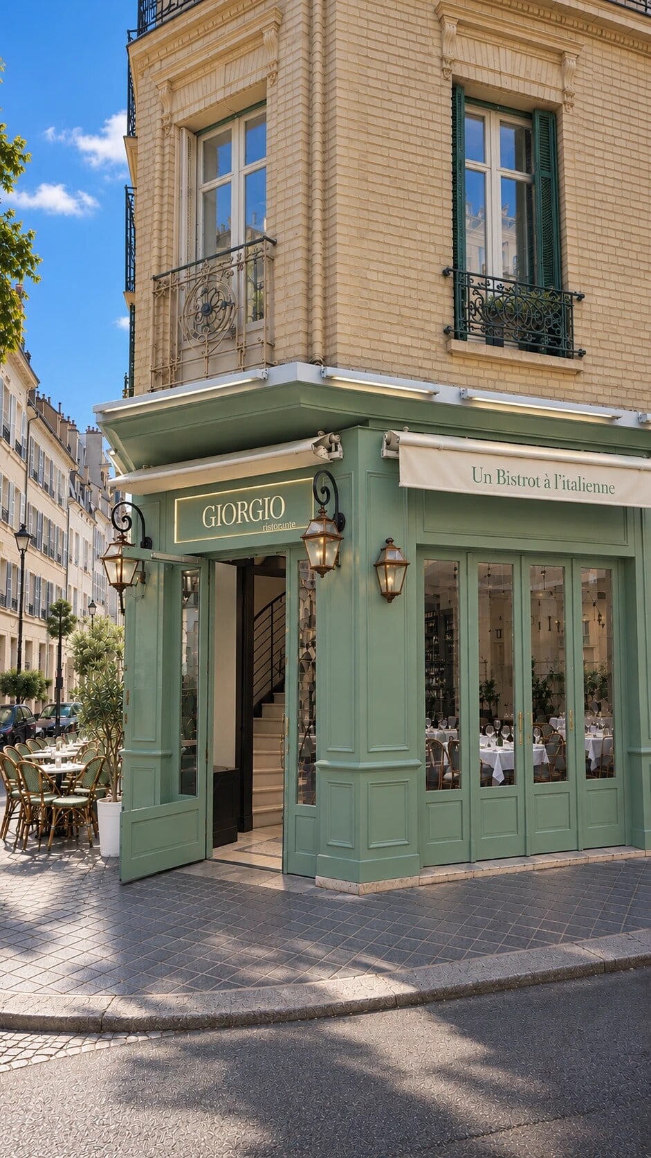 La façade vert sauge de Giorgio en plein jour, terrasse et lanternes, à l'angle de la rue André Bonnenfant
