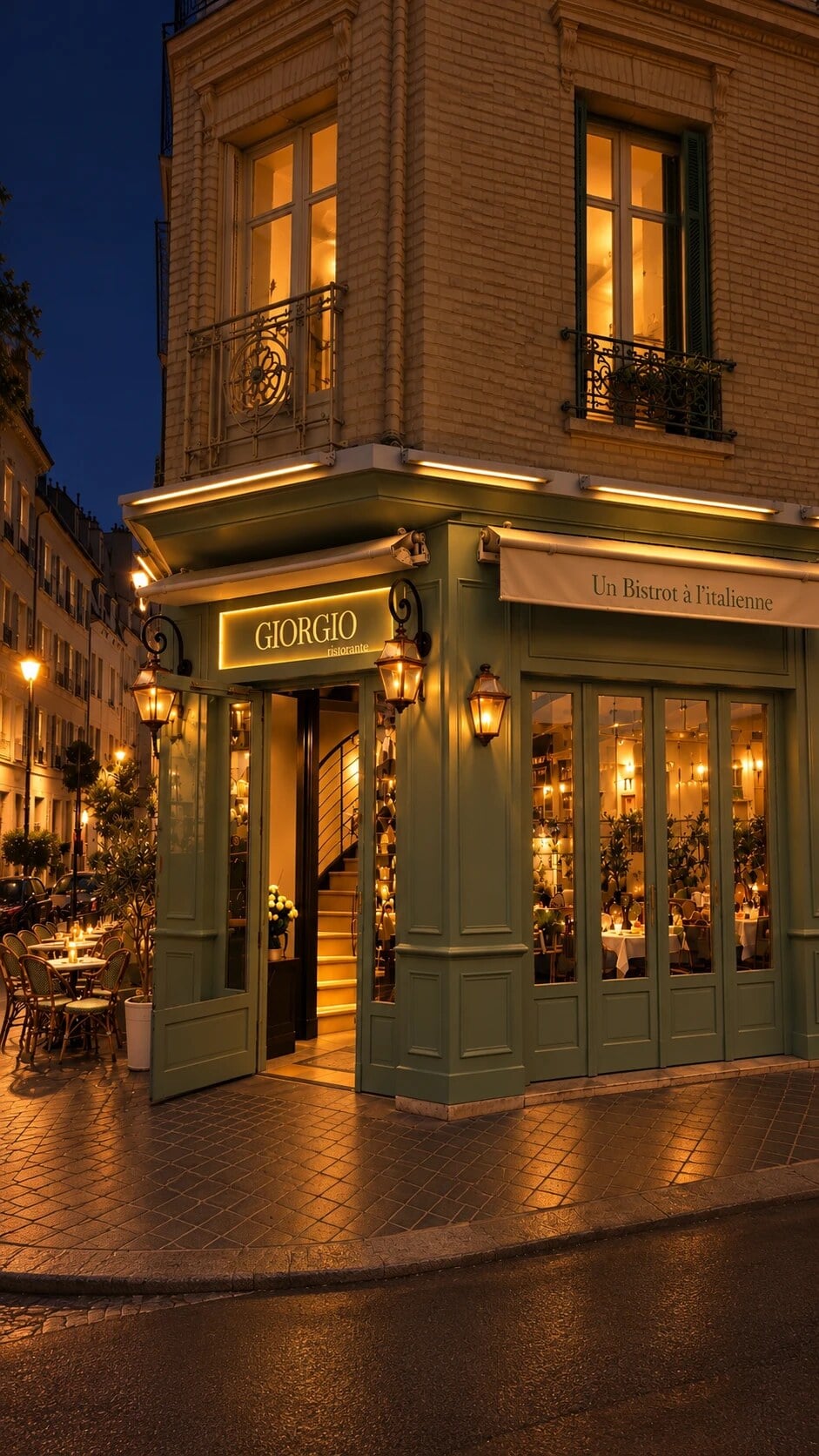 La façade de Giorgio illuminée le soir, terrasse et lanternes, à l'angle de la rue André Bonnenfant