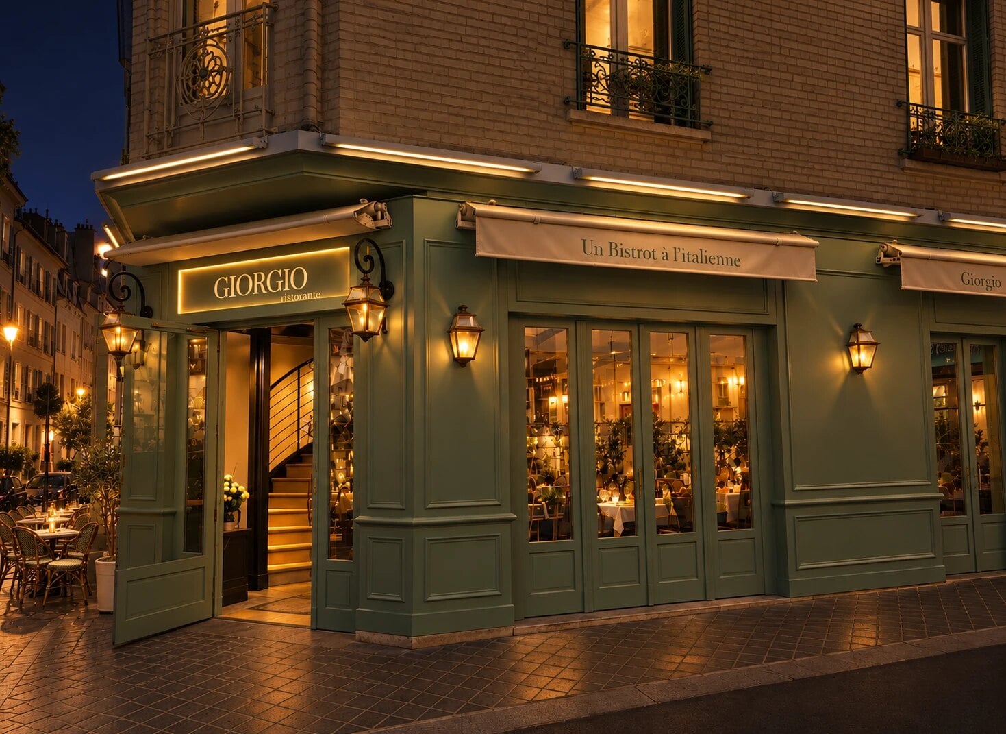 La devanture de Giorgio illuminée le soir, rue André Bonnenfant à Saint-Germain-en-Laye