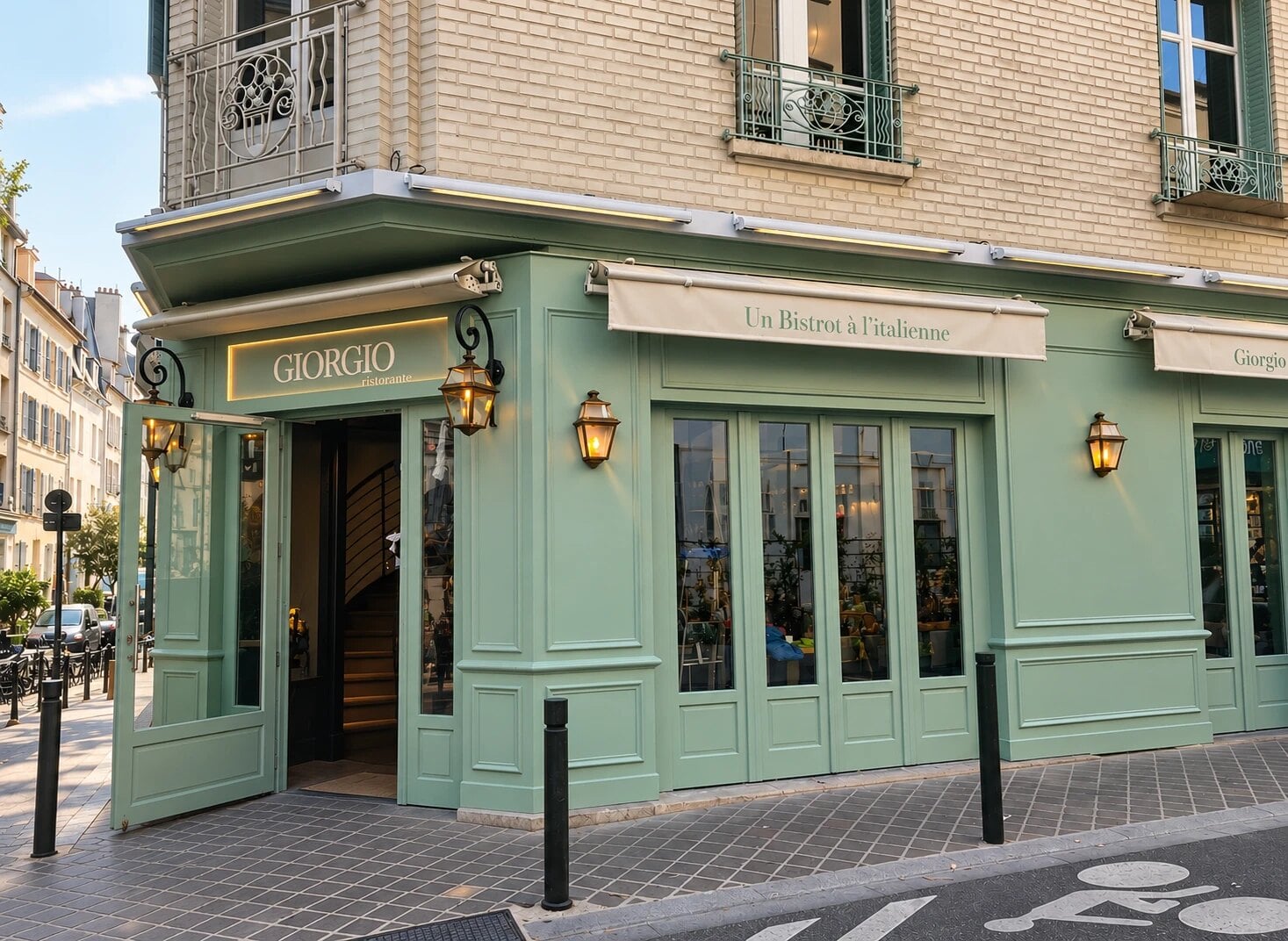 La devanture vert sauge de Giorgio en plein jour, rue André Bonnenfant à Saint-Germain-en-Laye