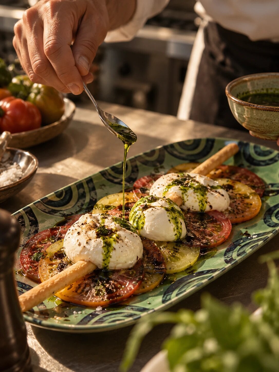 Burrata, tomates anciennes et huile au basilic, dressées en cuisine