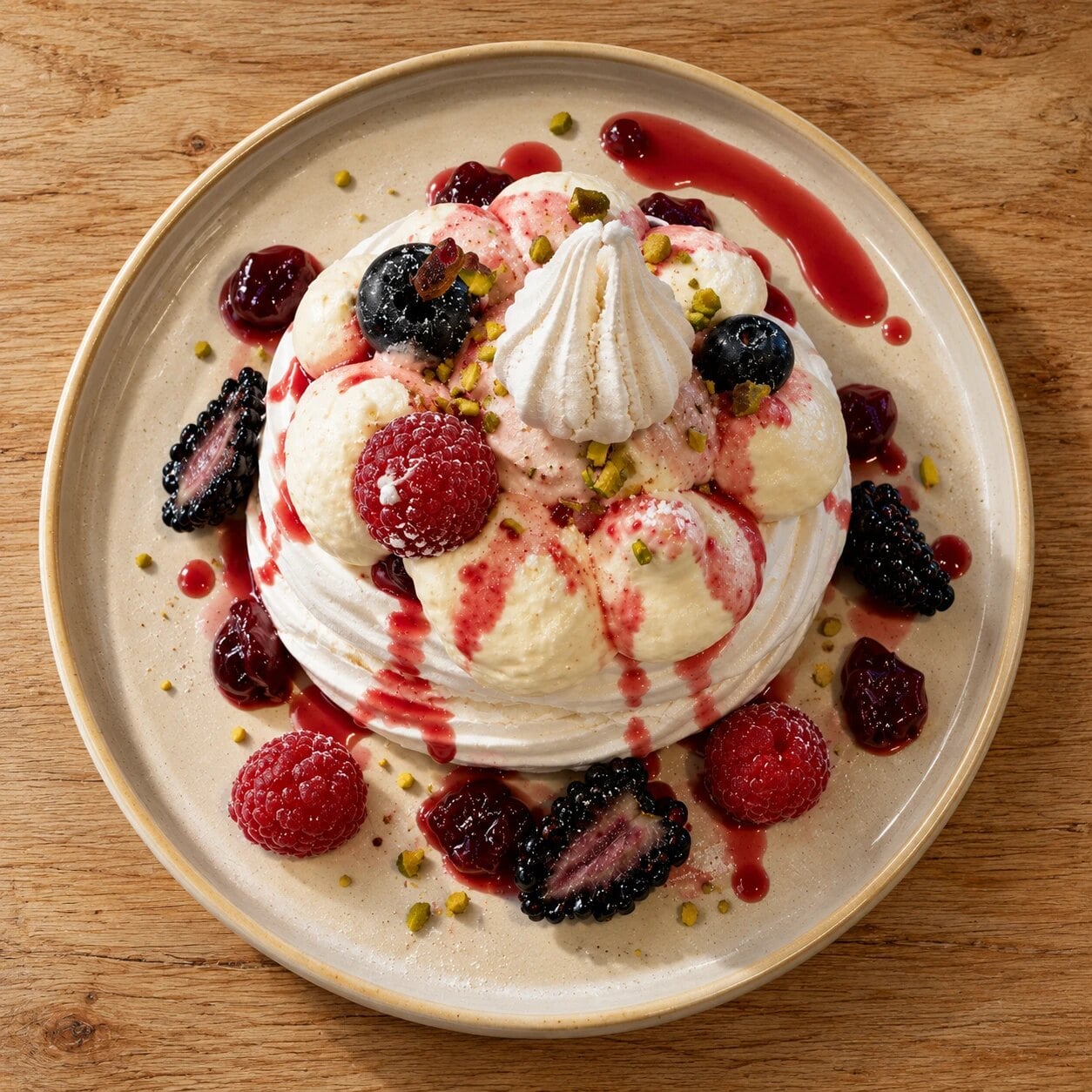 Pavlova aux fruits rouges et pistaches