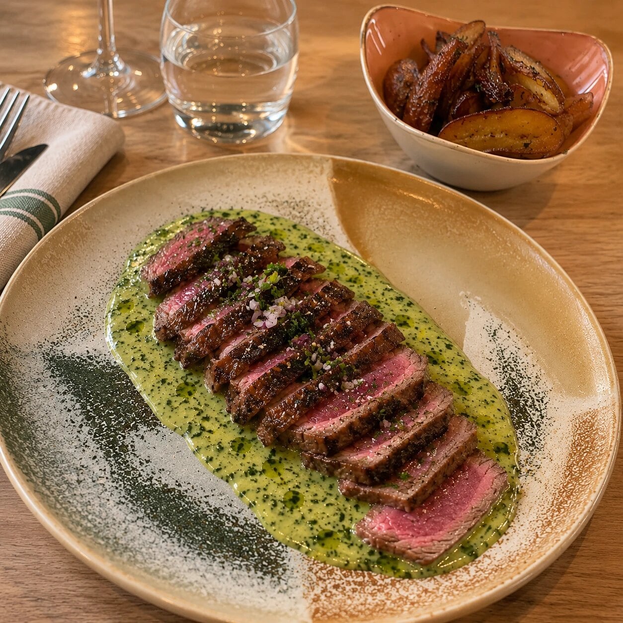 Tagliata di controfiletto, sauce verte et pommes grenailles